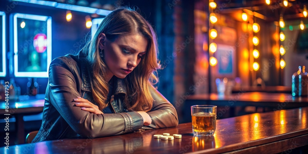 A lonely sad alcoholic woman is sitting at the bar with a bottle of alcohol on the table. thinks about how to give up alcohol addiction A lonely sad alcoholic woman is sitting at the bar with a bottle of alcohol on the table. thinks about how to give up alcohol addiction