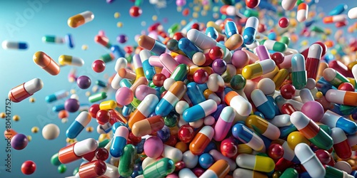 close-up of a pile of colorful pills flying from above. concept - medicine, allergy pills, medicinal products, diet
