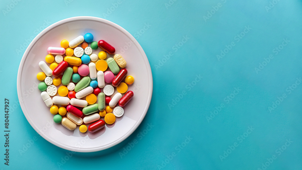 top view of a white plate with multicolored tablets and pills on a blue studio background with space for text top view of a white plate with multicolored tablets and pills on a blue studio background with space for text
