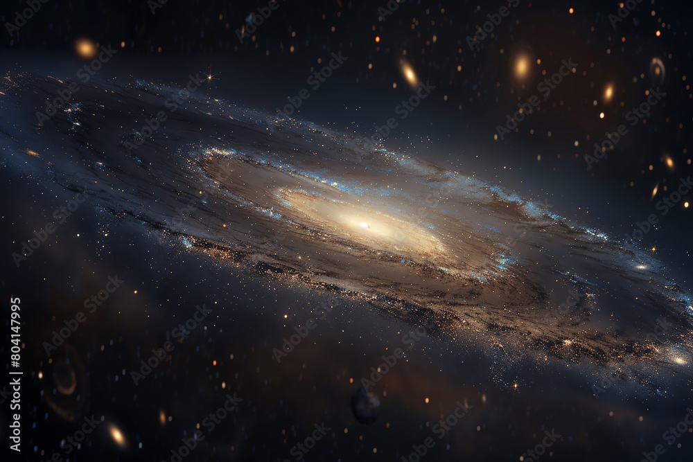 Panoramic stock photo of the Andromeda Galaxy, our closest galactic neighbor, in stunning clarity, showcasing the scale of the universe