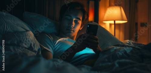 Sad person checking their smartphone at night. Man scrolling through social media on his phone screen. Internet addiction in adults.