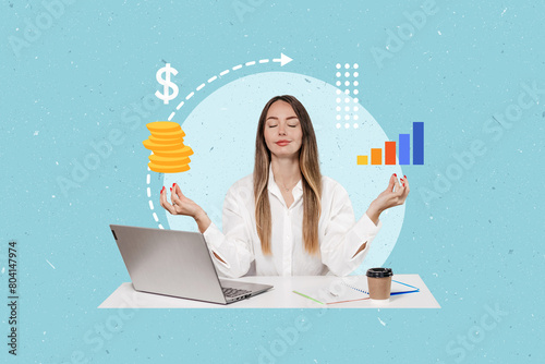 collage of a businesswoman sitting at a table meditating with icons of graphs, coins, dollars and money above her head on a blue background