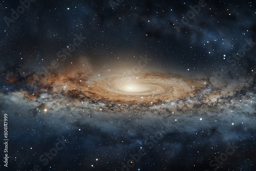 Panoramic stock photo of the Andromeda Galaxy, our closest galactic neighbor, in stunning clarity, showcasing the scale of the universe