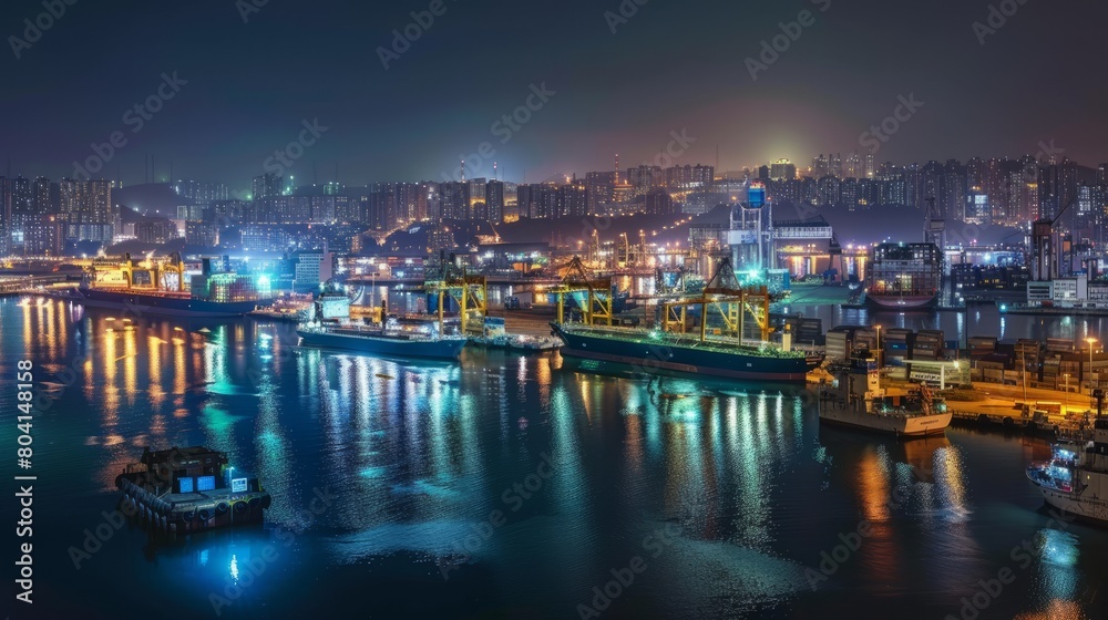 A panoramic aerial view of a port city at night, with the city lights reflected in the calm waters of the harbor and cargo ships illuminated against the dark sky