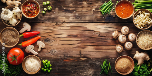 A wooden table with various vegetables and mushrooms  ginger and green onion.Food background   copy space  top view