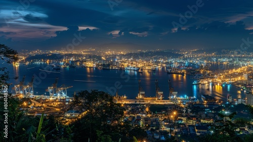 A panoramic aerial view of a port city at night, with the city lights reflected in the calm waters of the harbor and cargo ships illuminated against the dark sky