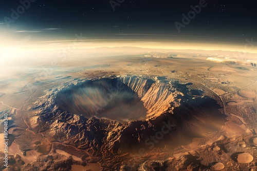 Stock image of a panoramic view from the top of Mars Olympus Mons, the tallest volcano in the solar system, revealing the vast Martian landscape