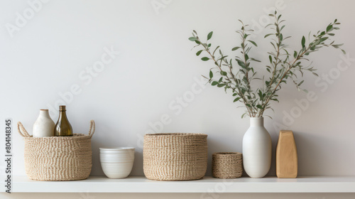 A stylish minimalist shelf display featuring assorted neutral-toned vases and woven baskets with a subtle arrangement of greenery.  © Margo_Alexa