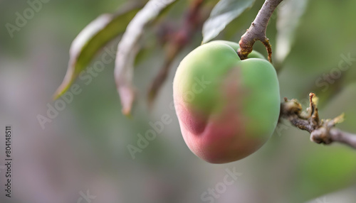 Closeup of a green peach fruit, Prunus persica, developing on a tree branch photo