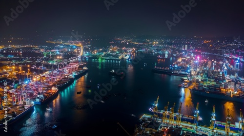 A panoramic aerial view of a port city at night, with the city lights reflecting in the calm waters of the harbor and cargo ships illuminated against the dark sky