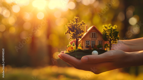 hands holding a mini house with trees on it