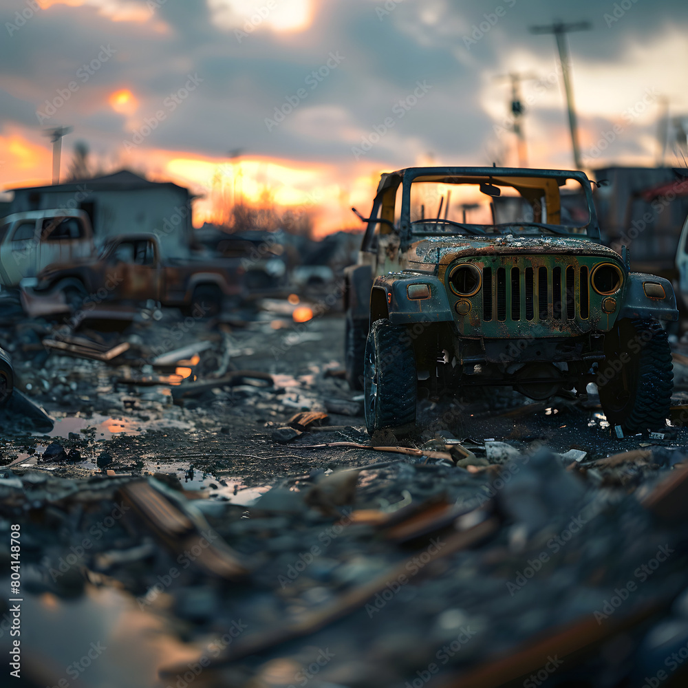 Abandoned radioactive vehicles in post apocalypse theme with blurry background. Abandoned radioactive vehicles in post apocalypse theme with blurry background.