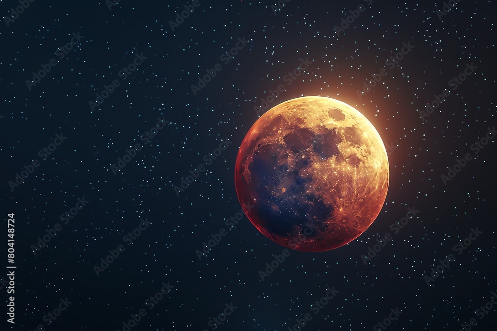 Stock photo of a lunar eclipse, Earths shadow casting a red glow on the moon, with stars twinkling in the background, capturing celestial dynamics