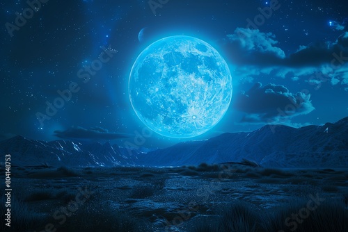 Stock photo of a rare blue supermoon  larger and brighter  illuminating the night sky and casting a surreal glow over a tranquil landscape