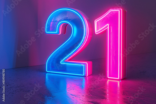 Neon pink and blue glowing large number 21 photo