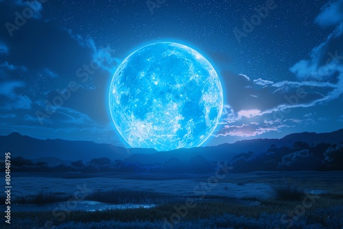 Stock photo of a rare blue supermoon  larger and brighter  illuminating the night sky and casting a surreal glow over a tranquil landscape