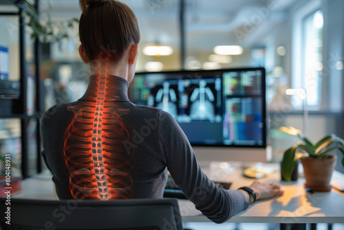 Office worker suffers from tired back. Illustrative image of glowing spine indicates tension on the back. Problems of working long hours in office. Back view photo
