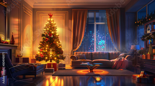 Interior of living room with glowing Christmas tree