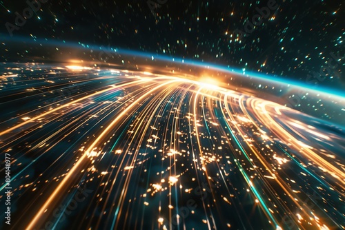 Stock photo of the light trails of satellites orbiting Earth at night  captured in long exposure  showing human technology in space
