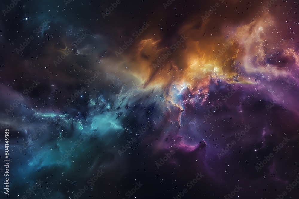 Surreal stock image of a space nebula with an array of colors from hot gas and young stars, visualizing the beauty of the universe