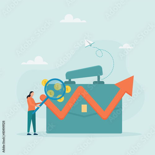 Financial investment, marketing, deposit security concept. Businesswoman with a magnifying glass looks at a growing chart and briefcase. Vector illustration.
