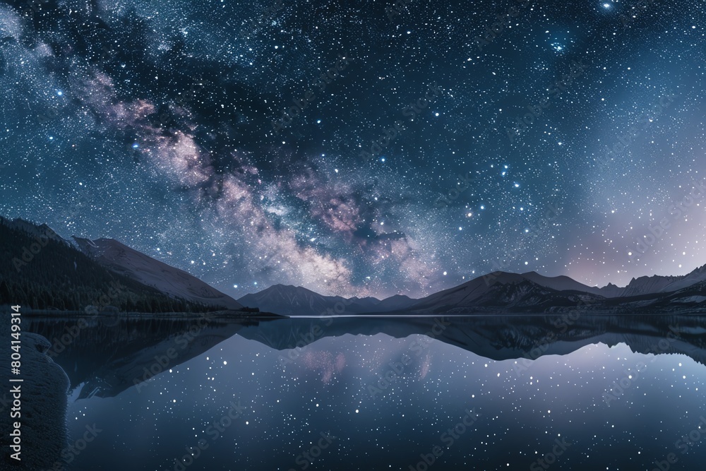 Ultrahigh definition stock photo of the Milky Way arching over a serene mountain lake, reflection visible in the water, clear night sky