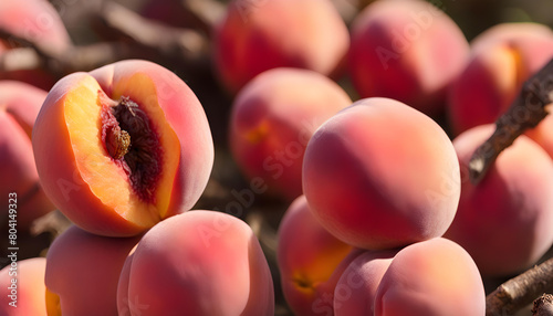 Close up of a pink and brown colour 'Peach with anthrax' fruit against a bright nature background. photo