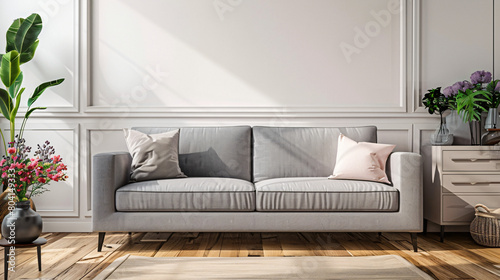 Interior of living room with grey sofa drawers and flo photo