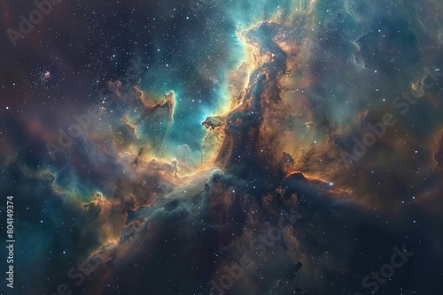 Ultrahigh resolution stock photo of the Carina Nebula, showcasing vibrant cloud formations and newborn stars, symbolizing creation within the cosmos