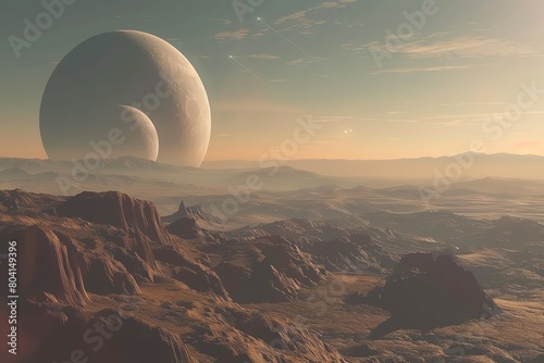 Ultrahigh resolution stock photo of an exoplanet landscape with two moons in the sky, envisioning alien worlds photo
