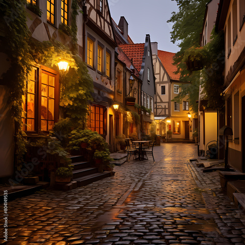 A charming European street with cobblestones.
