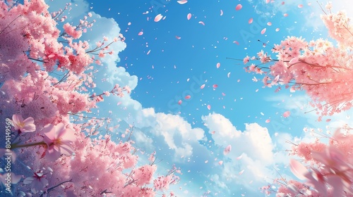 A blue sky and falling cherry blossom petals