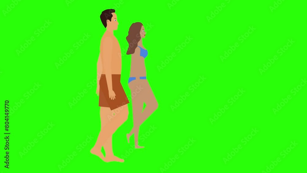 Man and Woman couple walking loop cycle, beach vacation theme, chroma key background animation Man and Woman couple walking loop cycle, beach vacation theme, chroma key background animation