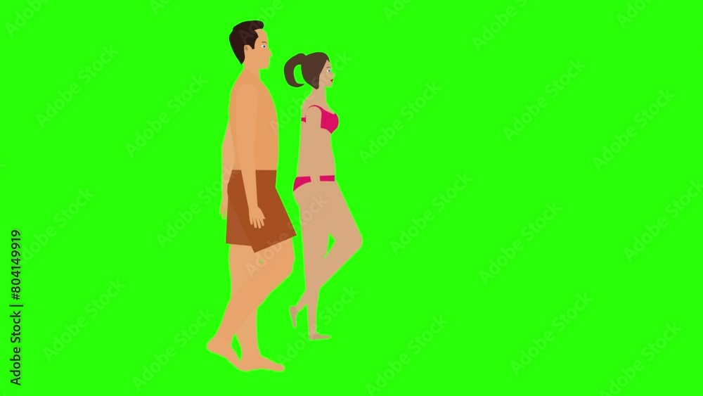 Man and Woman couple walking loop cycle, beach vacation theme, chroma key background animation Man and Woman couple walking loop cycle, beach vacation theme, chroma key background animation