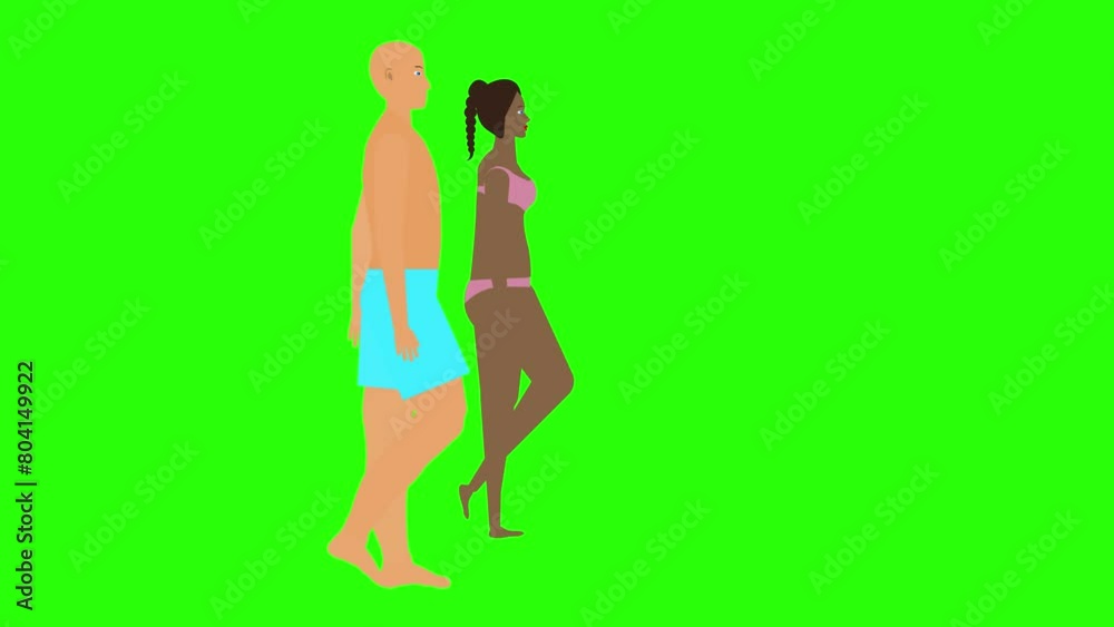 Man and Woman couple walking loop cycle, beach vacation theme, chroma key background animation Man and Woman couple walking loop cycle, beach vacation theme, chroma key background animation