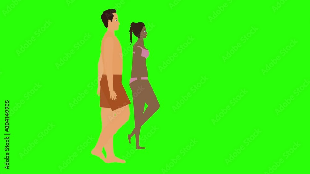 Man and Woman couple walking loop cycle, beach vacation theme, chroma key background animation Man and Woman couple walking loop cycle, beach vacation theme, chroma key background animation