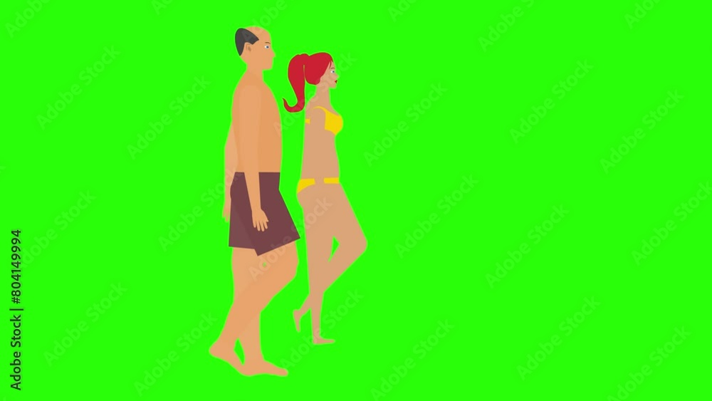 Man and Woman couple walking loop cycle, beach vacation theme, chroma key background animation Man and Woman couple walking loop cycle, beach vacation theme, chroma key background animation