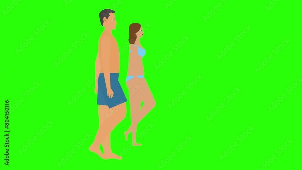 Man and Woman couple walking loop cycle, beach vacation theme, chroma key background animation Man and Woman couple walking loop cycle, beach vacation theme, chroma key background animation