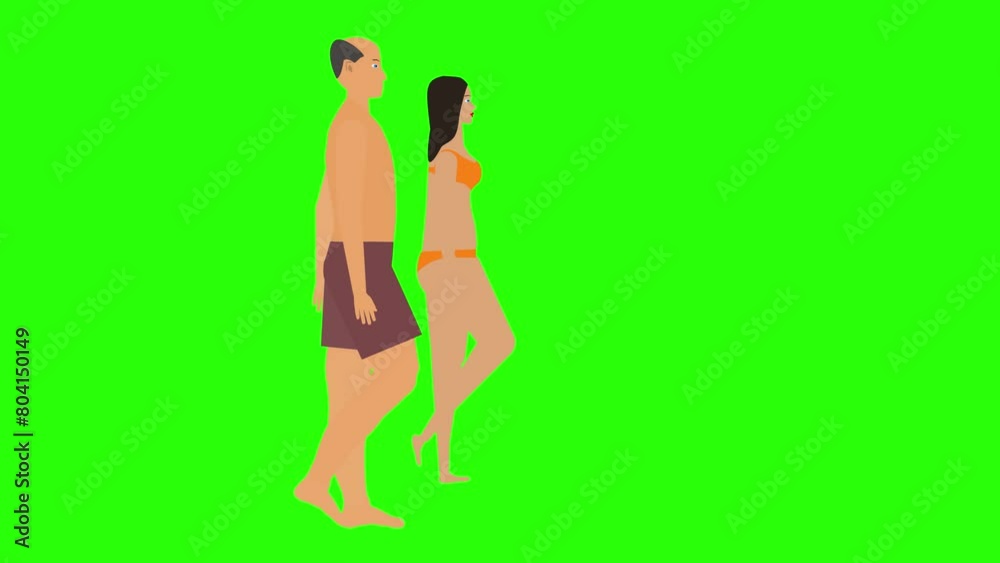 Man and Woman couple walking loop cycle, beach vacation theme, chroma key background animation Man and Woman couple walking loop cycle, beach vacation theme, chroma key background animation
