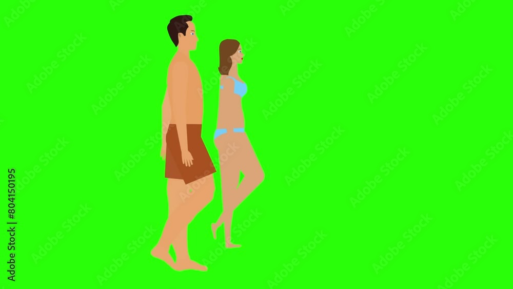 Man and Woman couple walking loop cycle, beach vacation theme, chroma key background animation Man and Woman couple walking loop cycle, beach vacation theme, chroma key background animation