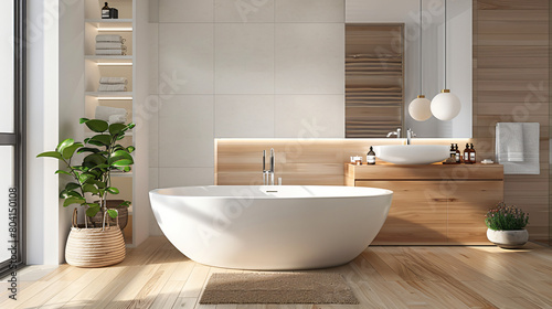 Interior of modern bathroom with cosmetic supplies