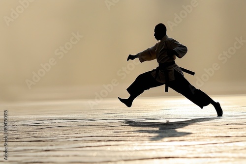 A silhouette of a martial artist mid-kick, their shadow stretched in motion.