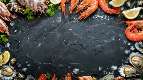 Seafood frame on the black stone background