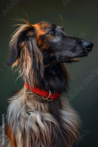 A close-up portrait of a dignified Afghan Hound showcasing its long, silky coat and penetrating gaze, exuding elegance