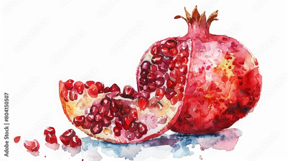 A simple, minimal watercolor painting of a single pomegranate cut open to reveal its seeds, Clipart minimal watercolor isolated on white background A simple, minimal watercolor painting of a single pomegranate cut open to reveal its seeds, Clipart minimal watercolor isolated on white background