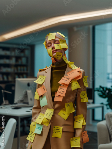 A business professional's suit is humorously covered in a multitude of colorful sticky notes in an office