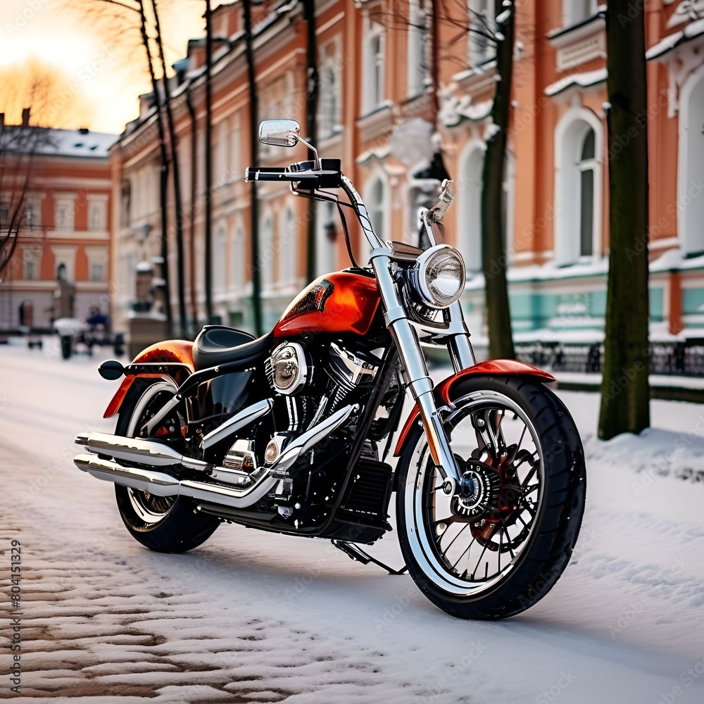 harley davidson motorcycle parked on saint petersburgs snow covered streets near the iconic winter