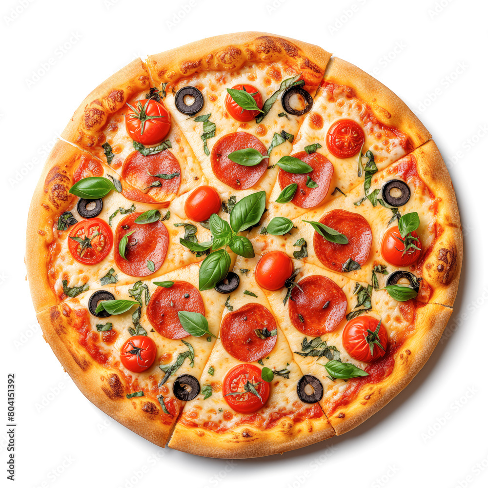 A pizza with pepperoni, olives, and tomatoes A pizza with pepperoni, olives, and tomatoes