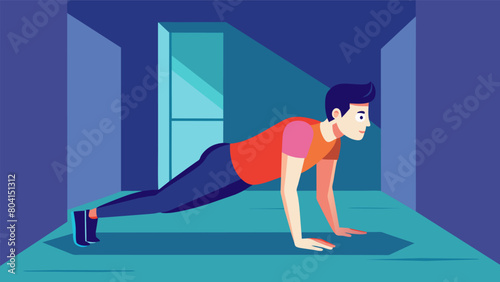 A man doing floor exercises such as planks and pushups in a narrow hallway.. Vector illustration