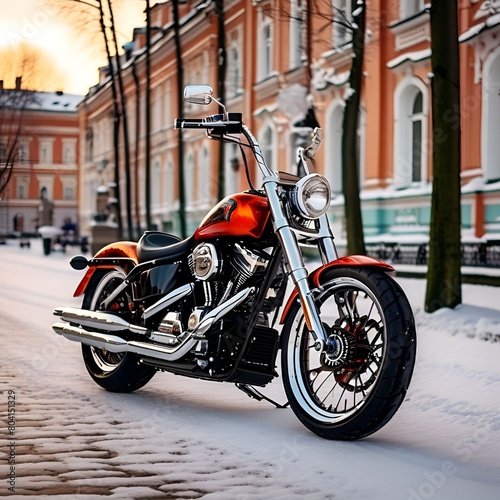 harley davidson motorcycle parked on saint petersburgs snow covered streets near the iconic winter